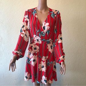 Express Women’s Size M Orange Floral Long Sleeves Knee Dress Deep V-Neck Flare